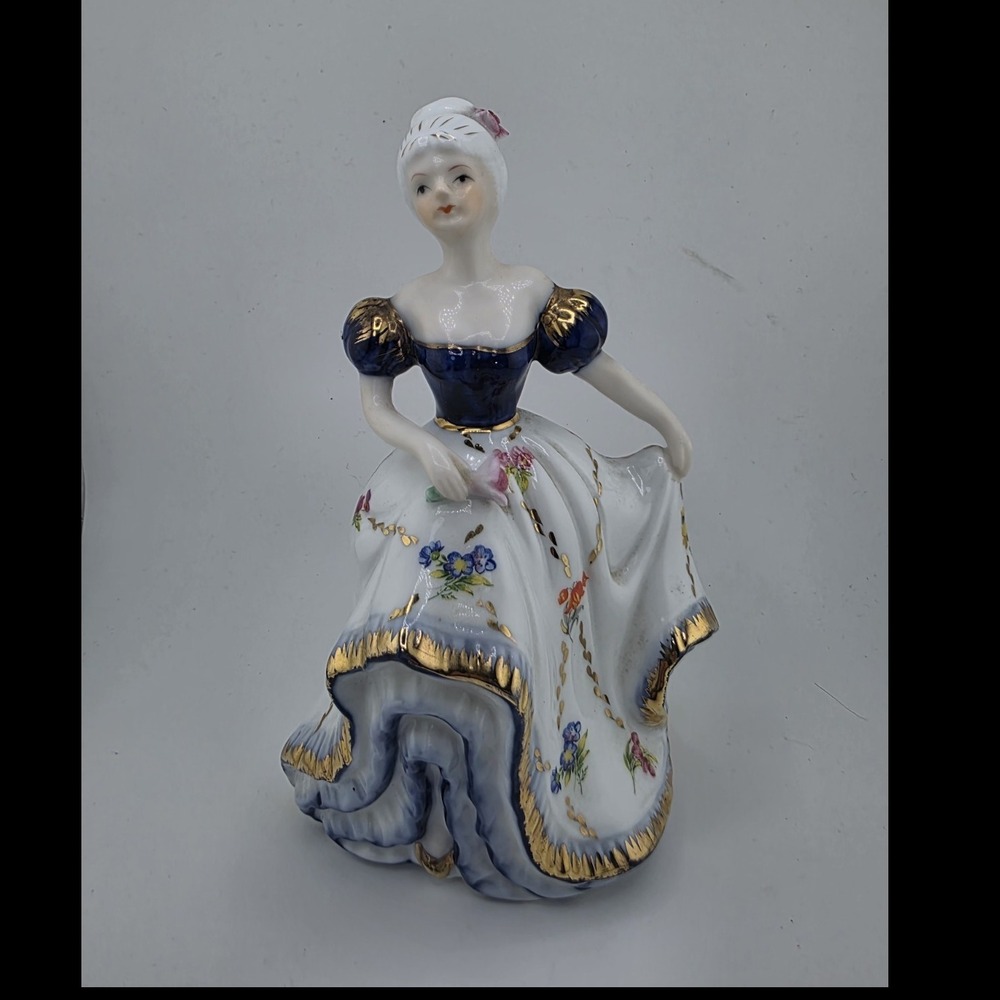 Vintage Style Victorian Lady Porcelain Figurine Blue White Floral Gold Trim 7"